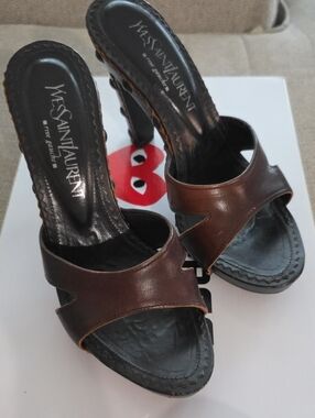 Yves Saint Laurent Brown Leather Open-Toe Slide Heels